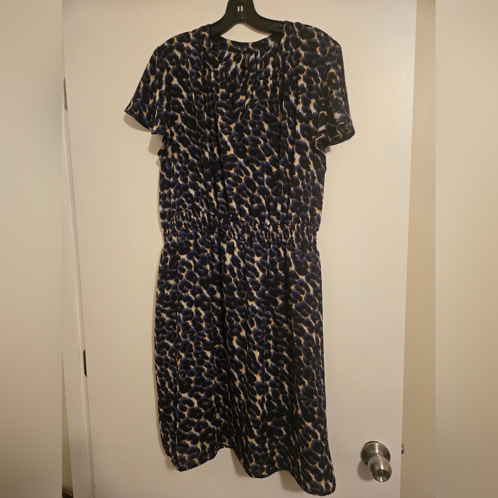 MASSINI Plus Size Blue Leopard Print Smocked Waist Georgette Dress 1X